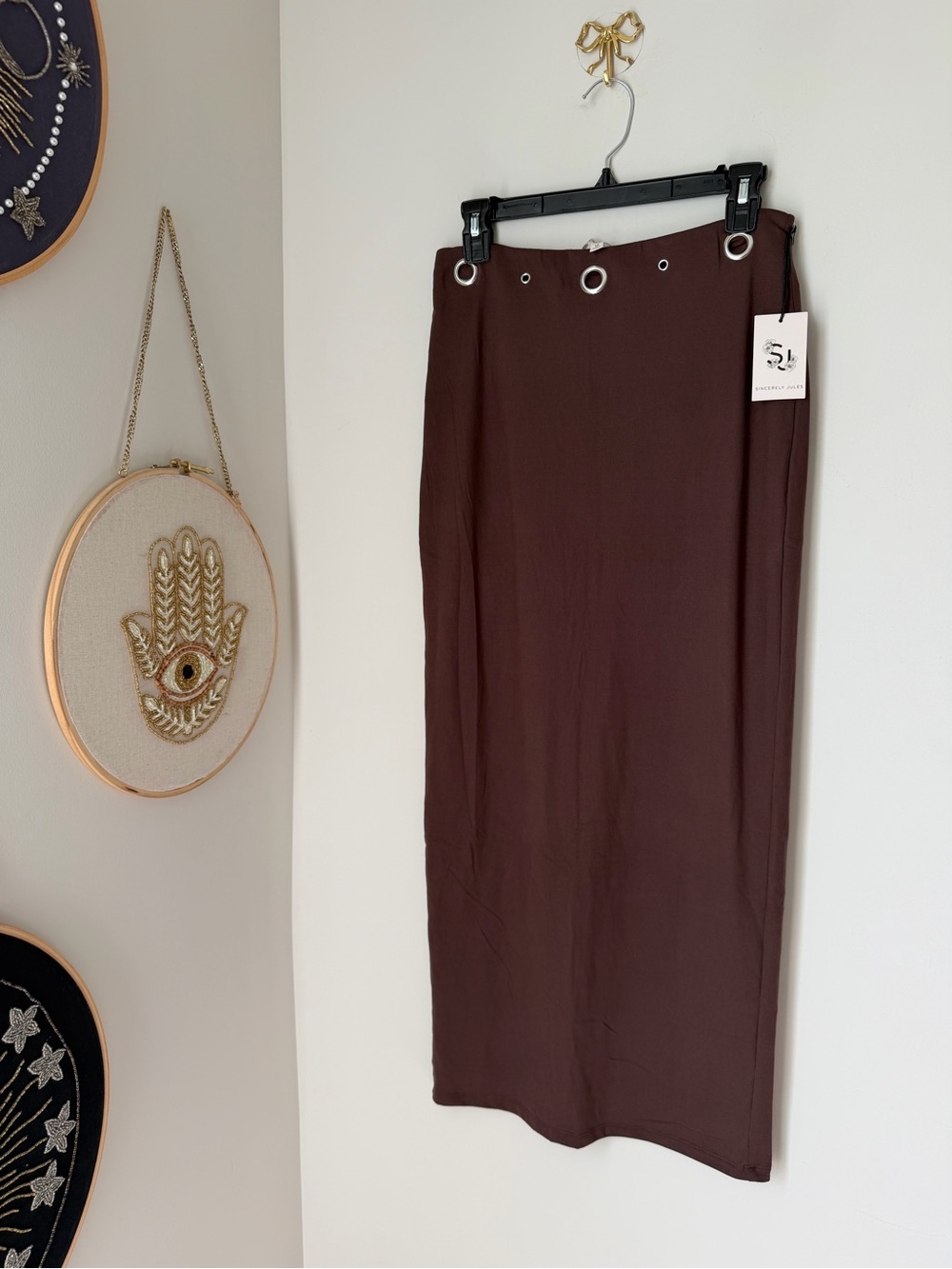 Brown Midi Skirt with silver Eyelet Waist detail